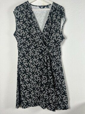Lands' End Womens Black & White Floral Stripe Sleeveless Faux Wrap Dress XL / 18
